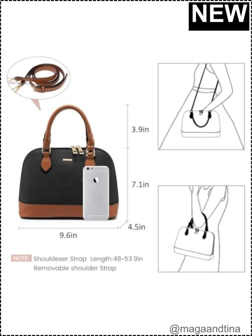 Vegan Leather Crossbody Dome Satchel with Double Zip, Adjustable Strap